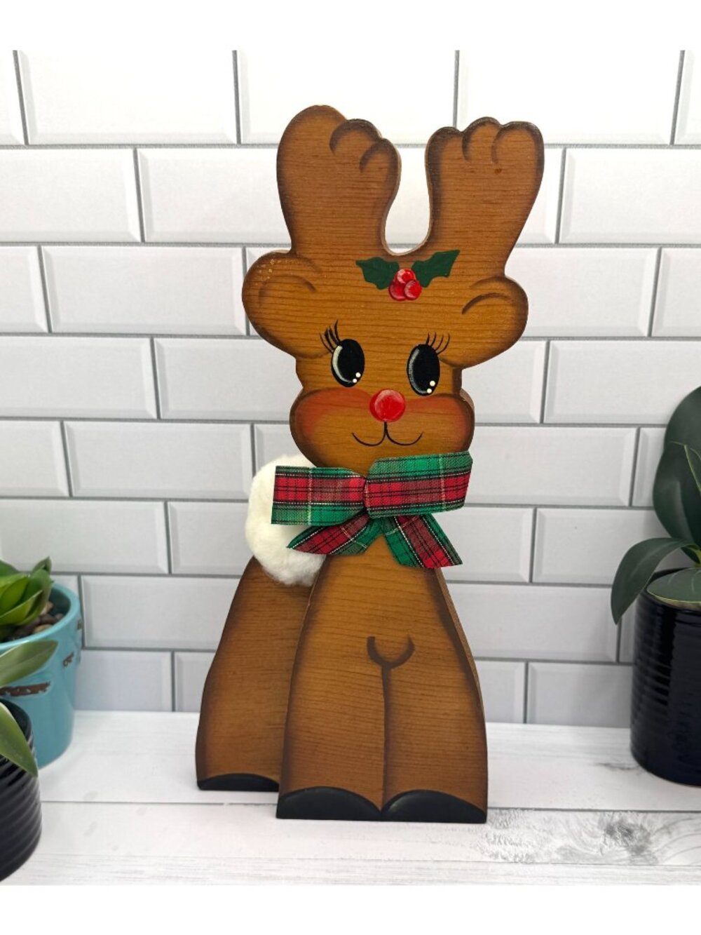 Vintage Handcrafted Wood Reindeer Decor With Plaid Bow & Cotton Tail